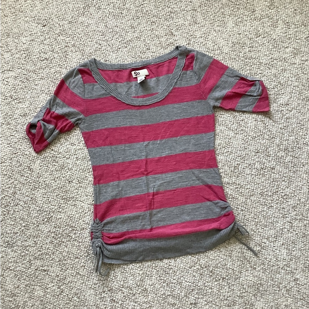 SO Pink Gray Striped Sweater Cinched Sides S